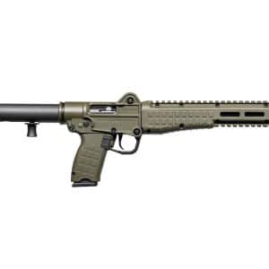 Olive-drab tactical AR-style rifle with adjustable stock and quad-rail handguard, shown in profile.