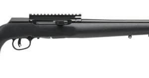 Bolt-action rifle with a black synthetic stock and long barrel on a white background.”