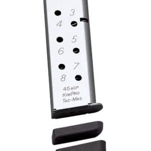 Metal .45 ACP pistol magazine with numbered positions (3–8) and two black, removable floorplates beneath.