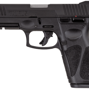 Side view of a black semi-automatic handgun with textured grip and rails on the frame.