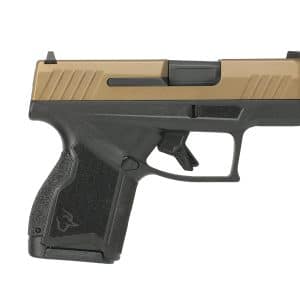 Side view of a compact handgun with a tan slide and black frame against a white background