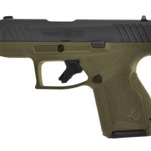 Close-up of a Taurus GX4 handgun showing a two-tone black slide and olive frame with textured grip.