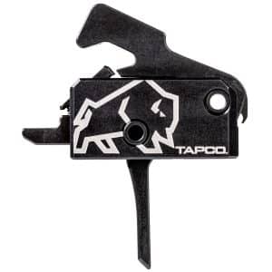 Black Tapco firearm part with a white bear graphic and TAPCO logo, featuring mounting holes and a lever.