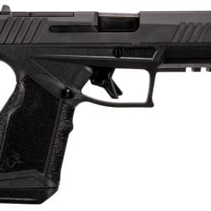 Black semi-automatic pistol with textured grip and integrated trigger guard, shown in profile angle.