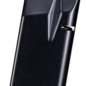 Close-up of a black pistol magazine with a yellow follower visible at the top.