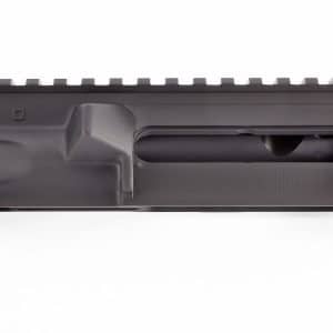 Long black firearm component with a top Picatinny rail, a side window/port, and a threaded cylindrical end on the right, shown in side profile
