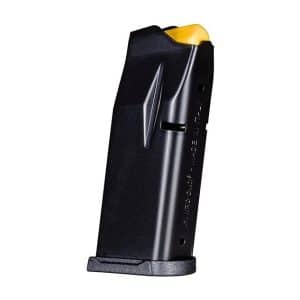 Black handgun magazine with a yellow follower on a white background, angled upright for display