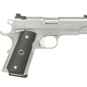 Side view of a silver semi-automatic pistol with black textured grip and trigger in foreground