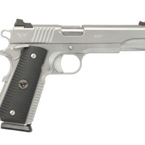 Side view of a silver semi-automatic pistol with a black textured grip and exposed hammer, shown against a white background.