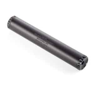 Black cylindrical firearm suppressor resting on a white background, diagonal orientation.