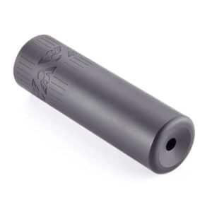 Gray metal cylinder with decorative engravings, lying on its side with a hollow, circular opening at one end on a white background.