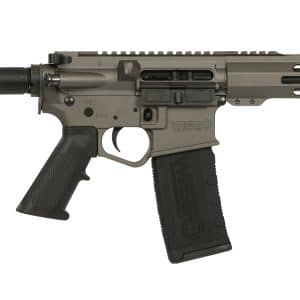 AR-style semi-automatic rifle with an adjustable stock, tan finish, long Picatinny rail, and a detachable magazine