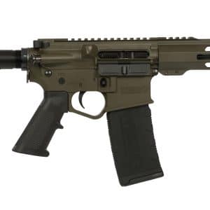 Tan and black AR-style rifle shown in profile with adjustable stock and quad-rail handguard on a white background, clearly a firearm image to convey weapon details.