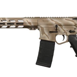 Desert camo assault rifle with a long handguard, black stock, and a detachable magazine shown in profile (side view).