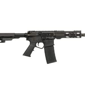 Black semi-automatic rifle shown in a side profile with a collapsible stock and rail-equipped handguard.