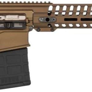 Tan and black semi-automatic rifle with adjustable stock, long perforated handguard, and a detachable magazine.
