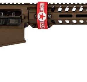 AR-style semi-automatic rifle with collapsible black stock, brown handguard, and long perforated fore-end with muzzle device on the end
