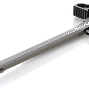 Long metal bicycle pump with a black plastic locking head and a small clamp, laid diagonally on a white background.