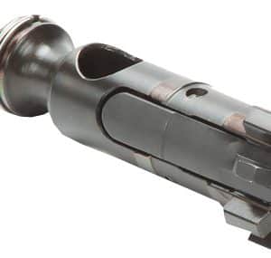 Close-up of a black metal rifle bolt carrier assembly with grooves and mounting lugs, shown from an angled view.