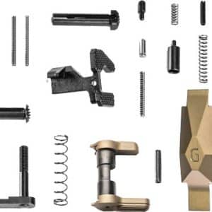 A collage of small metal hardware parts such as springs, pins, screws, and levers on a white background.