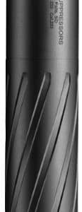Black cylindrical firearm suppressor with diagonal grooves and branding along the side.