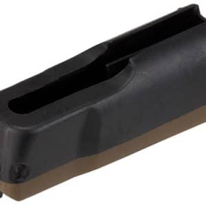 Black handgun magazine with a brown base plate, viewed from the side at an angle, showing the feed opening.