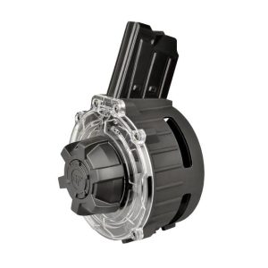 Circular drum-style magazine (drum mag) with a clear plastic cover and black end cap, shown at an angle.