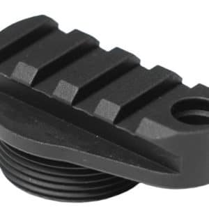 Black plastic threaded mounting adapter with ribbed, serrated top and a small circular hole on one end