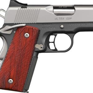 Close-up side view of a Kimber Ultra CDP semi-automatic pistol with a checkered wooden grip and silver slide under bright lighting.