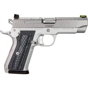 Side view of a stainless steel semi-automatic pistol with a textured black grip and green front sight detail averted from center stage.