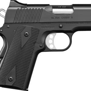 Side view of a black semi-automatic pistol with a textured grip and metal slide, shown in profile.
