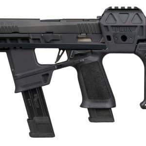 Side profile of a black SIG Sauer P320 semi-automatic pistol with a tactical brace and two magazines inserted