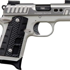 Close-up of a silver 9mm semi-automatic pistol from the left side, showing textured grip, trigger, and part of the slide.