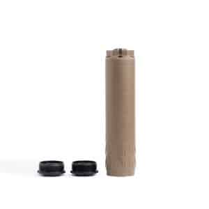 Tan rifle suppressor standing upright with two black end caps on a white background.