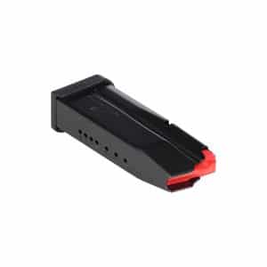 Black detachable firearm magazine with a red follower on a white background
