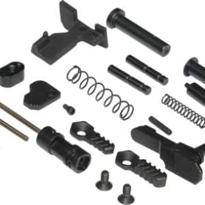 Assorted small hardware kit with springs, pins, screws, and black metal components laid out on a white background.