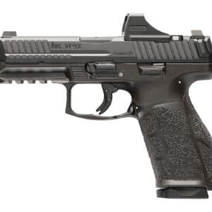 Side view of a black semi-automatic pistol with a textured grip and accessory rail, shown in profile with a short-sight sight on top.