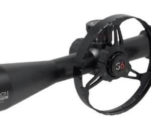 Black rifle scope with sunshade and mounting rings for long-range aiming.