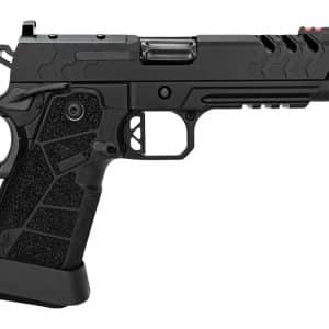 Black semi-automatic pistol with a textured grip and matte finish, shown in side profile with a beavertail grip.