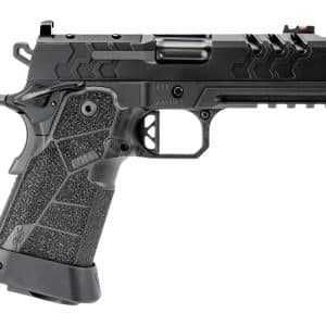 Black semi-automatic pistol in side profile with textured grip and accessory rail, shown against a white background.