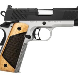 Side view of a Kimber semi-automatic pistol with a silver frame, black slide, and wooden grip panels