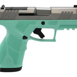 Turquoise plastic toy handgun shown in side profile with textured grip and black trigger