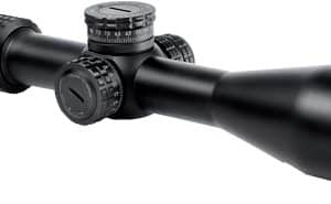 Black riflescope with multiple adjustment dials and a large objective lens, shown from the side.