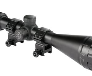 Black rifle scope with two mounting rings and large objective lens on a white background, used for precision aiming.