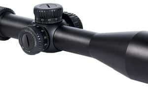 Black riflescope with two adjustment knobs and a large objective lens, shown at an angled view.