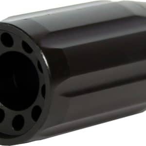 Black cylindrical device with a perforated end featuring multiple circular holes around a central bore (likely a silencer or adapter).