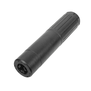 Black cylindrical adapter with knurled grip and hollow, open end.