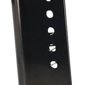 Black pistol magazine standing upright with visible round-count holes along the side and a baseplate at the bottom.