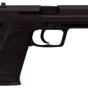 Left-profile view of a black semi-automatic pistol with textured grip and rails on the slide.