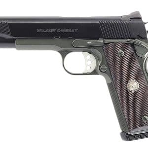 Semi-automatic handgun with a black slide and brown textured grip, marked Wilson Combat.